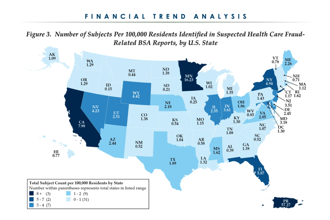 Subjects per 100,000 residents named in suspected health care fraud reports, by state. Minnesota is highest of any state at 16.23, ahead of California at 7.98 and Florida at 5.87.